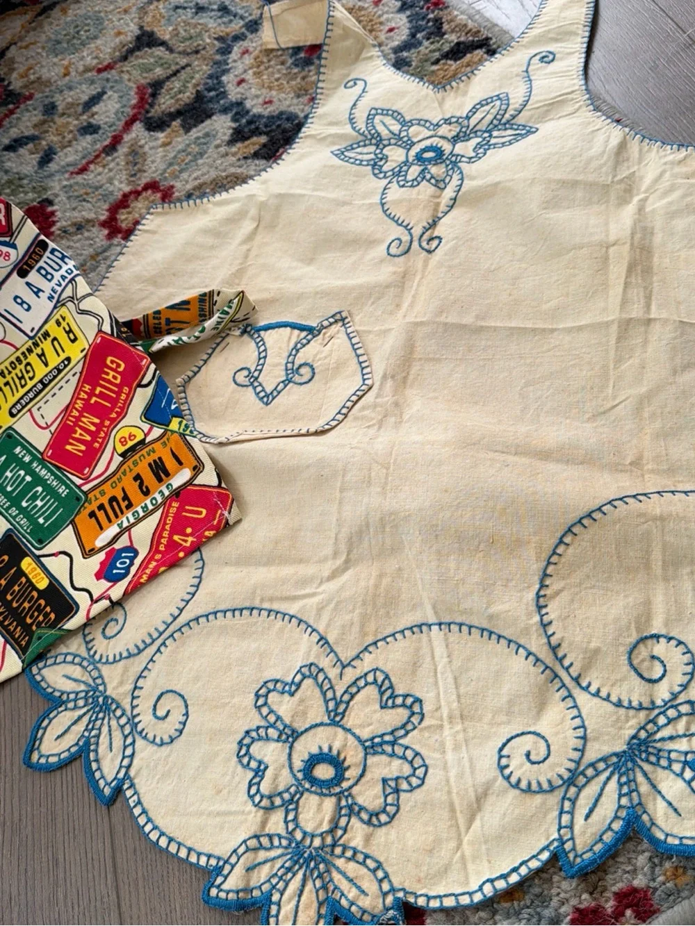 3 Aprons, one antique unfinished embroidered + 2 NWT Grilla Gear